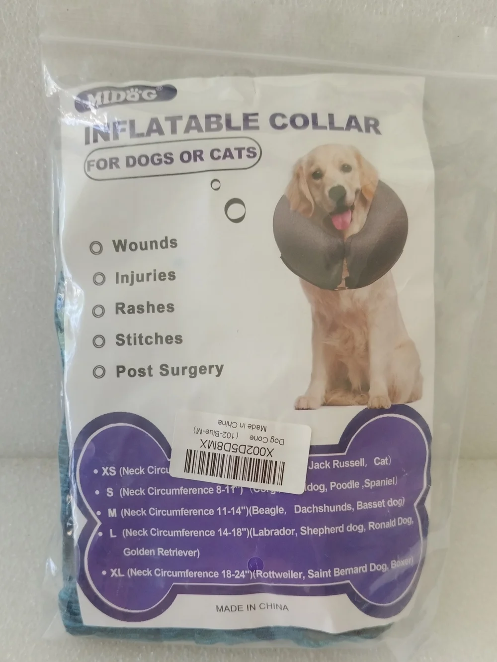 MIDOG branded inflatable protective collar designed for pets recovering